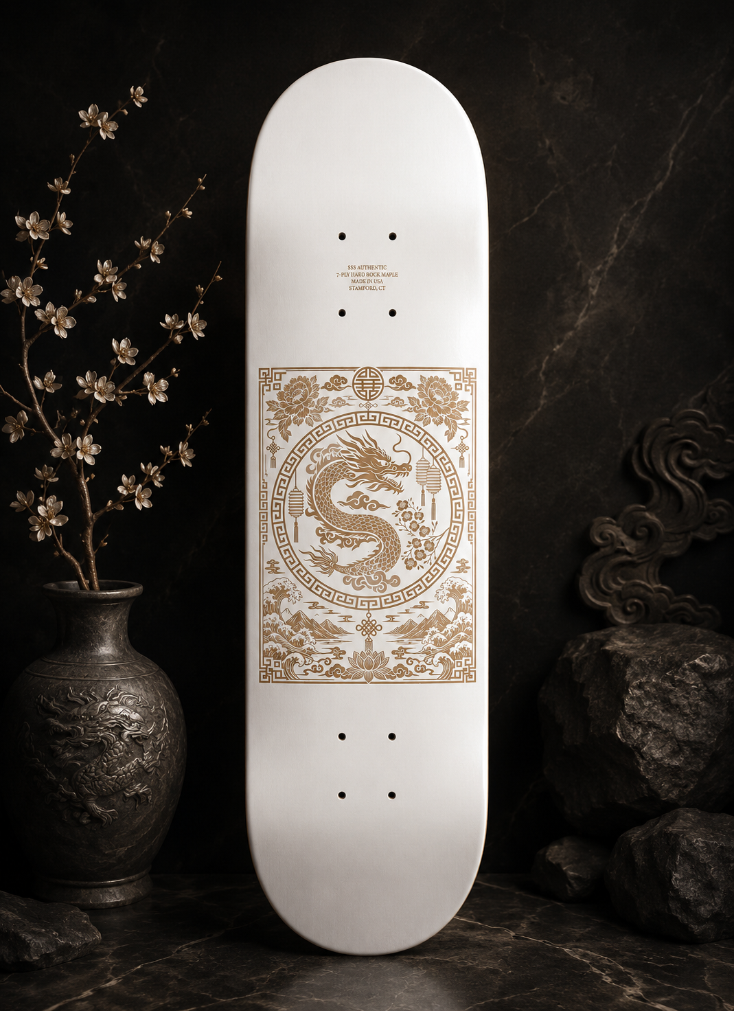 SSS Chinese Dragon Skateboard Deck – White / Gold