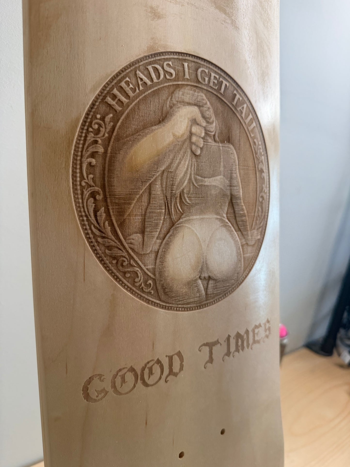 SSS Good Times Heads I Get Tail Engraved Deck | Stamford Skate Shop