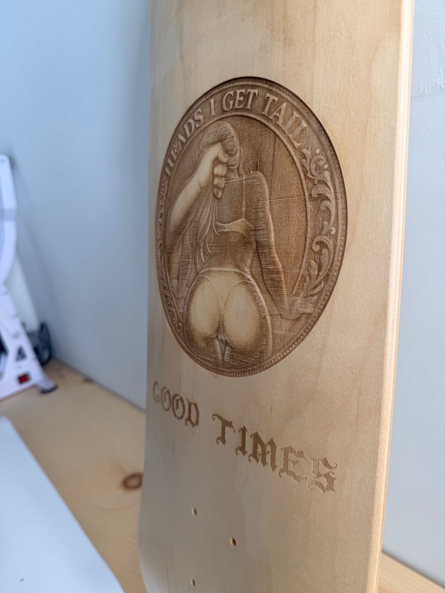 SSS Good Times Heads I Get Tail Engraved Deck | Stamford Skate Shop
