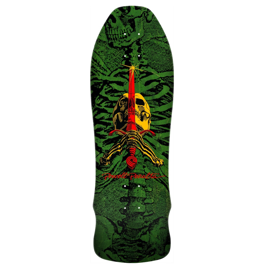 POWELL GEEGAH SKULL & SWORD GREEN VENEER SHAPED DECK 9.75 X 30.0